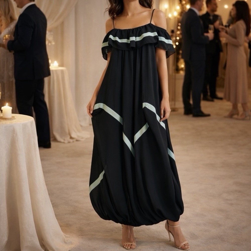 BCBGMaxazria Size S SILK Maxi Dress Black Blue Whimsical Evening Gown Dark Fairy